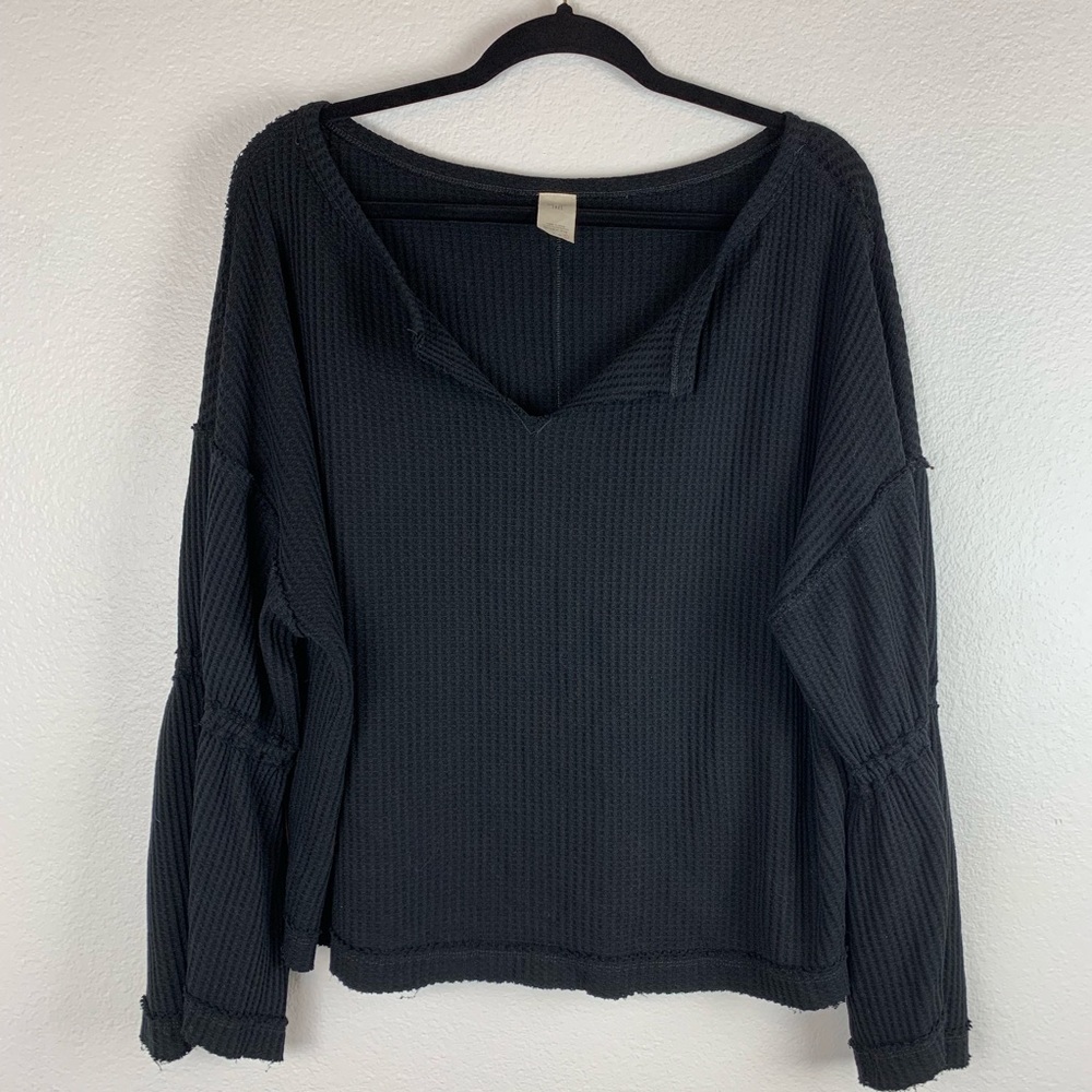 We The Free Black  Waffle Knit Long Sleeve Shirt
